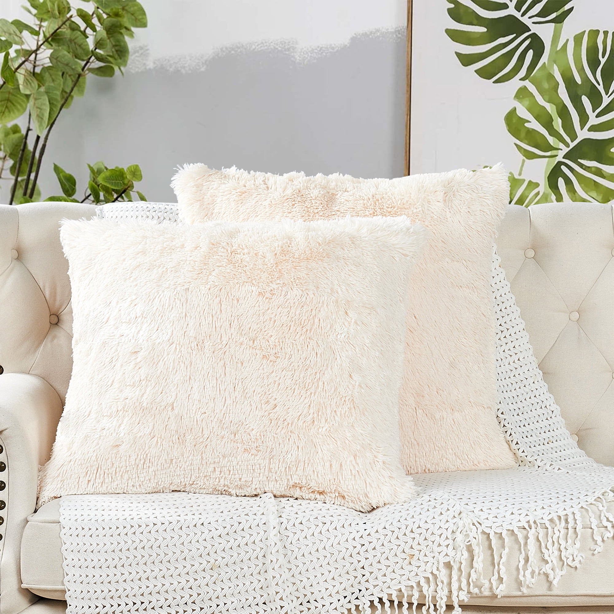Home Soft Things Luxury Shaggy Faux Fur Throw Pillow Cases, Ultra Soft Plush Pillow Covers Fluffy Decorative Cushion Covers, No Pillow Insert, Set of 2, Ivory, 26x26 Inch