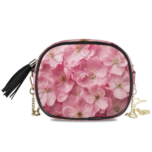 Womens Casual Chain Shoulder Bag Simple style Pink Flowers with Glitter Crossbody Bag