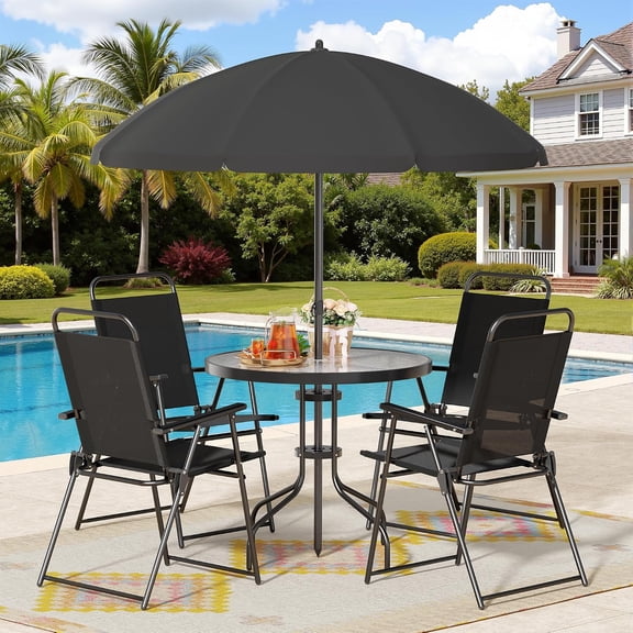 Patio Dining Set with Umbrella, with 4 Folding Chairs and Tempered Glass Top Dining Table