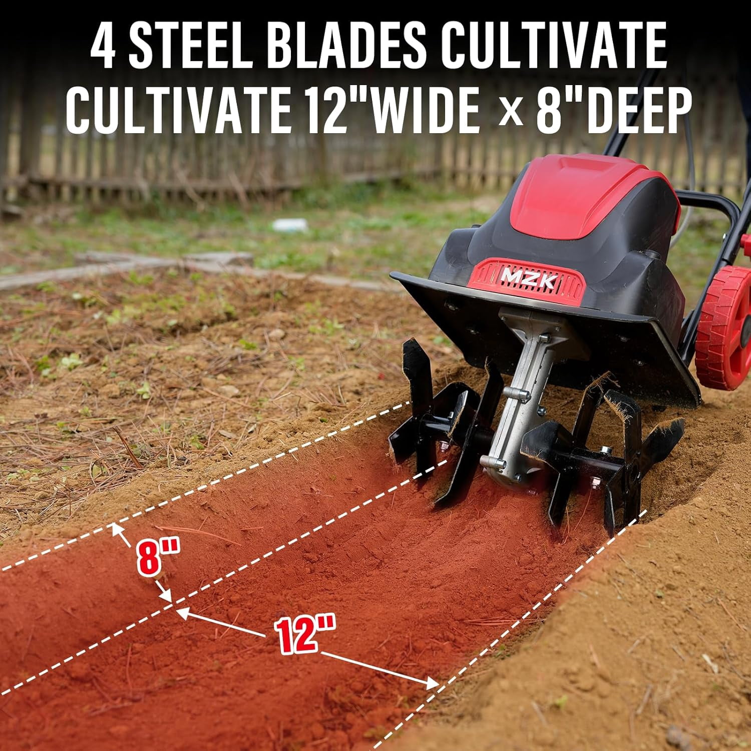 MZK 12-Inch Corded Electric Tiller/Cultivator for Gardening, 8-inch tillling Depth with Adjustable Wheels, 10- Amp Electric Garden Rototiller for Garden Soil Digging