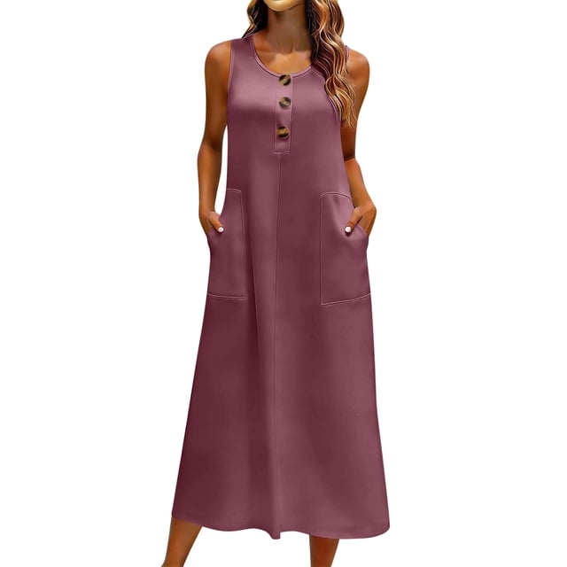 Robe d'Été Unie pour Femmes, Sans Manches Col Rond Ligne A Longue Maxi Robe d'Été avec Poches pour Tenue Décontractée de Plage Vacances