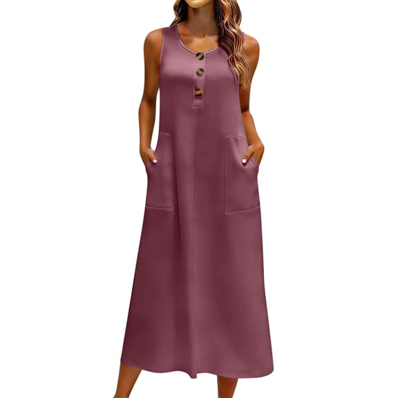 Hurxie Women's Summer Dress Sleeveless Casual Beach Long A Line Sun Dress with Pockets Hot Pink,S