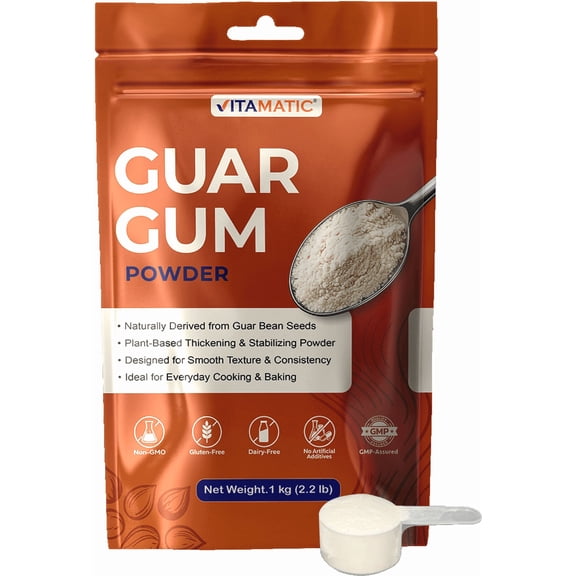 Vitamatic Guar Gum Powder 1 kg (2.2 lb) – Plant-Based Thickener & Stabilizer – Non-GMO, Gluten Free – Ideal for Baking, Cooking & Food Preparation