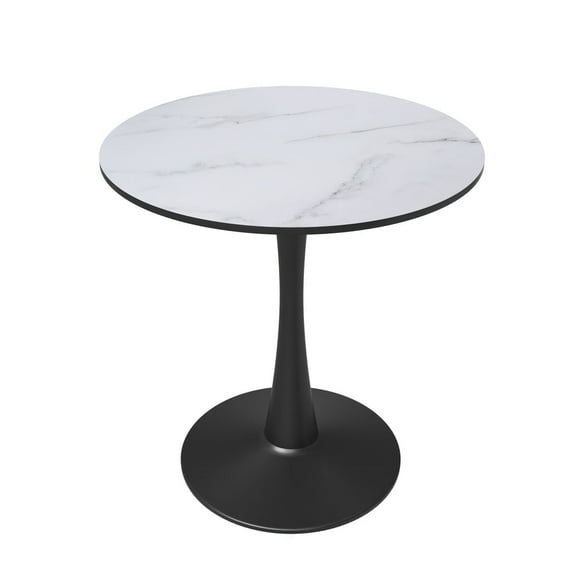 LeisureMod Round Dining Table Modern 27" MDF Wood Tabletop with Steel Pedestal Base for Kitchen and Living Room Bristol Series in Marbled White