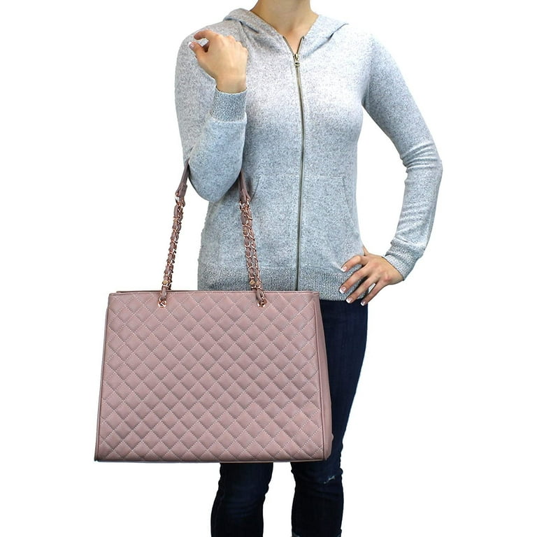 Women's Large Travel Tote Quilted Purse and Work Laptop Handbag - Rose Gold  Hardware With Satin Interior - Light Pink 