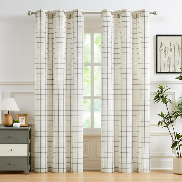 AIR-72 Inch Buffalo Plaid Light Filtering Natural Linen Curtain Panels,Farmhouse Woven Black White Stripes Pattern Drapes,Grommet Semi Sheer Window Treatment for Bedroom Living Room,40"Wx72"Lx2