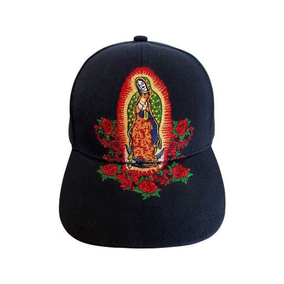 Guadalupe & Roses Embroidered Baseball Cap Mexican Baseball Cap - Navy Color -- FREE USA Shipping-- (CapMx103N)