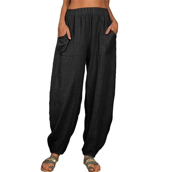 Elastic Solid Women Pockets Long Pants Waist Casual Loose Trousers Pants Pants