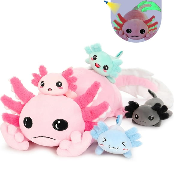 Tezituor Giant Axolotl Stuffed Animal with 4 Babies,31.5" Luminous Axolotl Plush Pillow Toy Realistic Soft Axolotl Plushies Birthday Gifts for Boys G