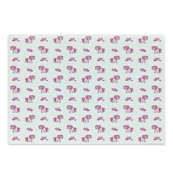 Love Cutting Board, Pink Hearts and Pony Horse Girls Design Toy Animal Cartoon, Decorative Tempered Glass Cutting and Serving Board, Large Size, Hot Pink White, by Ambesonne