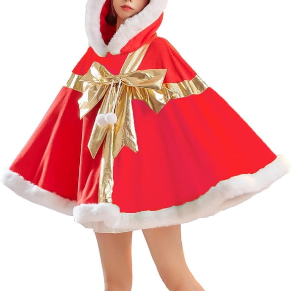 Xfvqtps Womens Christmas Hooded Cloak Bow Pompom Plush Edge Pullover Gift Design Thickened Warm Winter Jacket Poncho Red