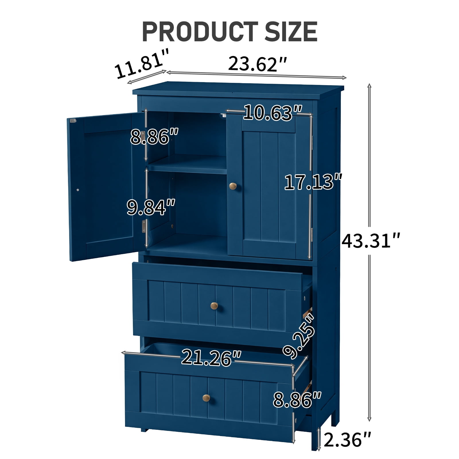 2-Drawer 2-Cabinet-Door Vertical-Grain MDF Painted Bathroom Cabinet 23.62x11.81x43.31in Blue