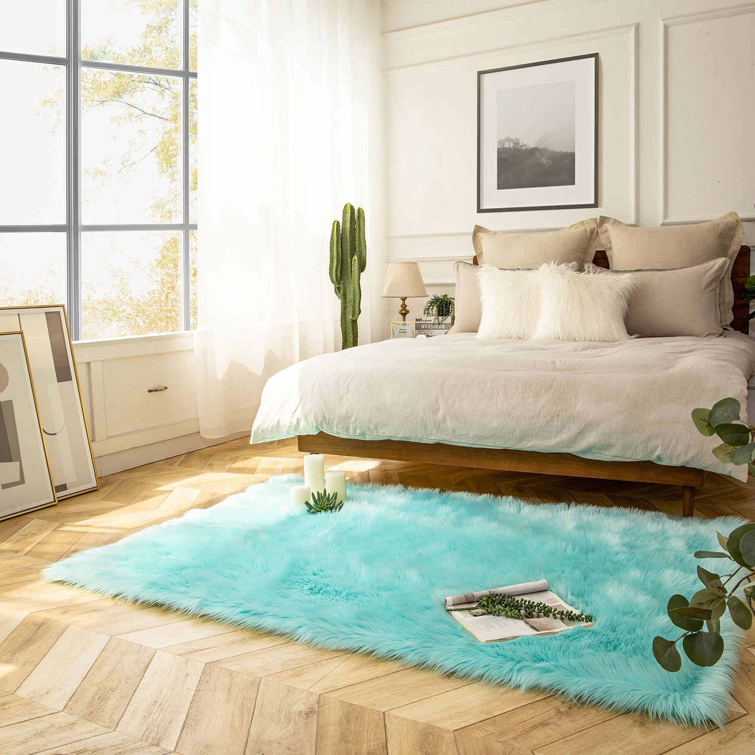 Phantoscope Faux Fur Area Rug, Fluffy Turquoise Shag Carpet, Ultra Soft Machine Washable Indoor Area Rug, 2' x 3', Rectangular for Living Room, Bedroom, Nursery & Kids Room