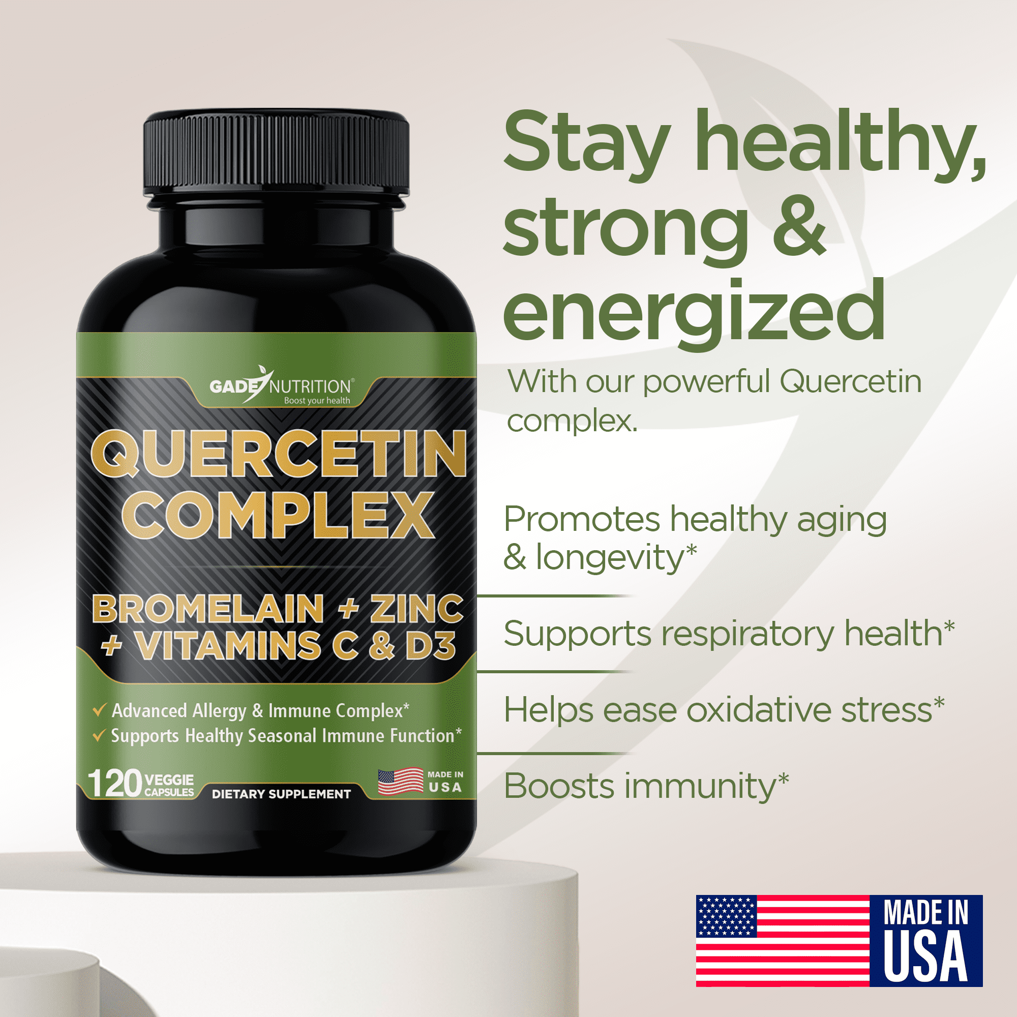 Gade Nutrition Quercetin Complex with Bromelain, Vitamin C, D & Zinc - Made with Organic Quercetin 500 mg - 120 Veggie Capsules