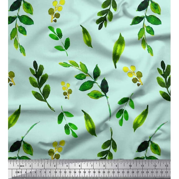 Soimoi Green Silk Fabric Leaf Leaves Print Sewing Fabric Yard 44 Inch Wide