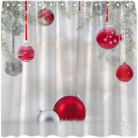 Rideau de Douche Joyeux Noël Boules de Noël Rouges Argent Flocon de Neige Hiver Bonne Année Festival Décor Tissu Rideau de Salle de Bain avec Crochet