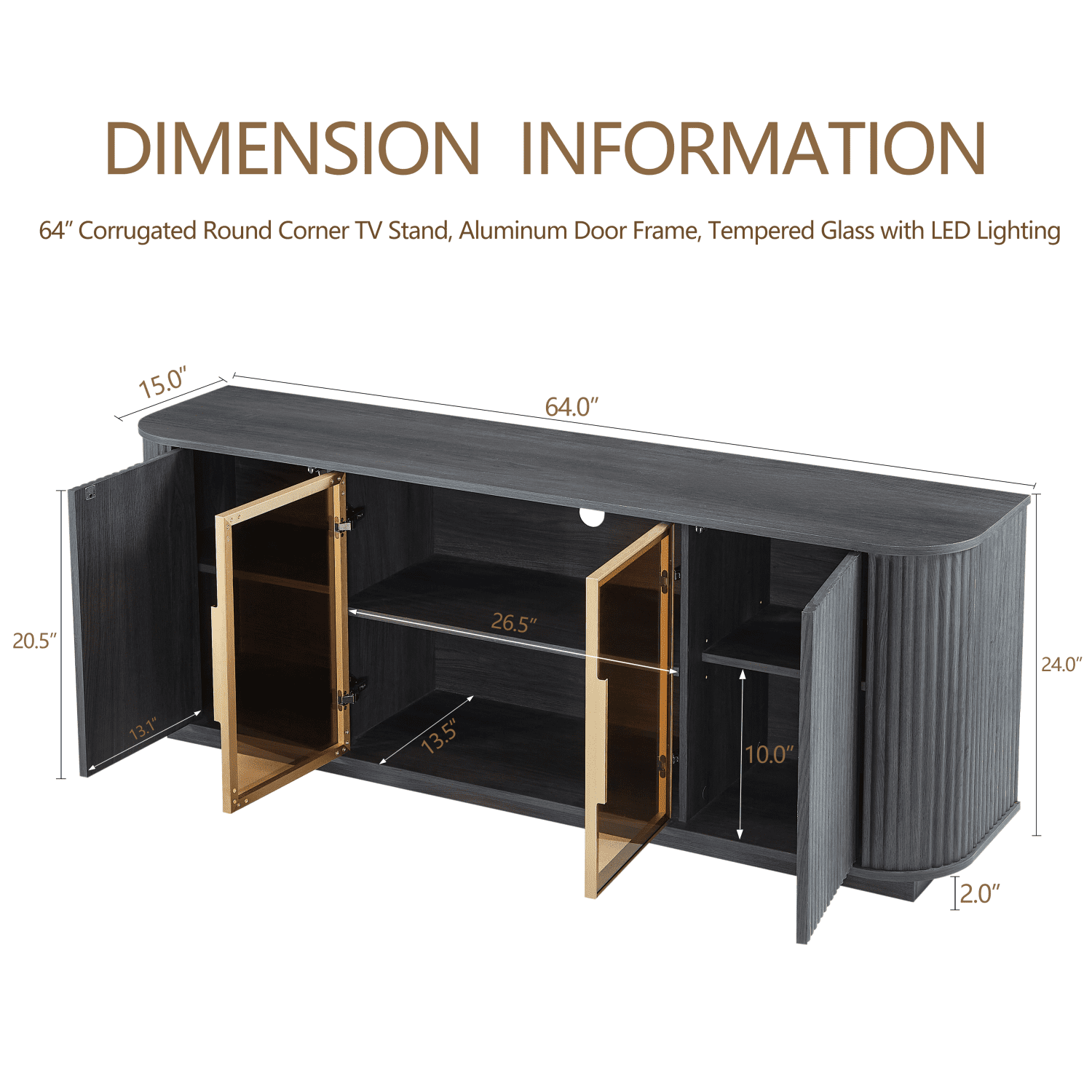 TrumanPick 64" Wavy TV Stand, Entertainment Center for TVs Up to 75 inches, TV Console Table Media Cabinet with Aluminum Door Framed Tempered Glass for Living Room, Bedroom and Office, Black