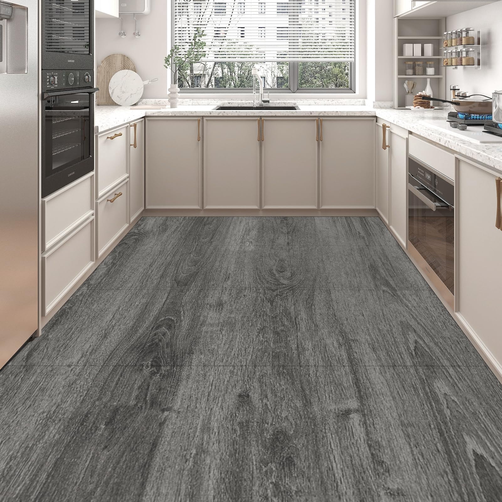 Peel And Stick Vinyl Floor Tiles 30-pack 12 X 12 Inch  Self Adhesive Waterproof Flooring Wood Planks For Kitchen Dining Room Bedrooms Cover 30 Sq.ft Grey Oak
