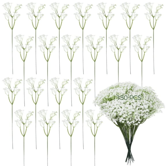 150Pcs Fake Flowers Bulk, Sunlight Resistant Artificial Starry Flowers, Artificial White Flower Bouquet with Green Leaves for Wedding Decoration