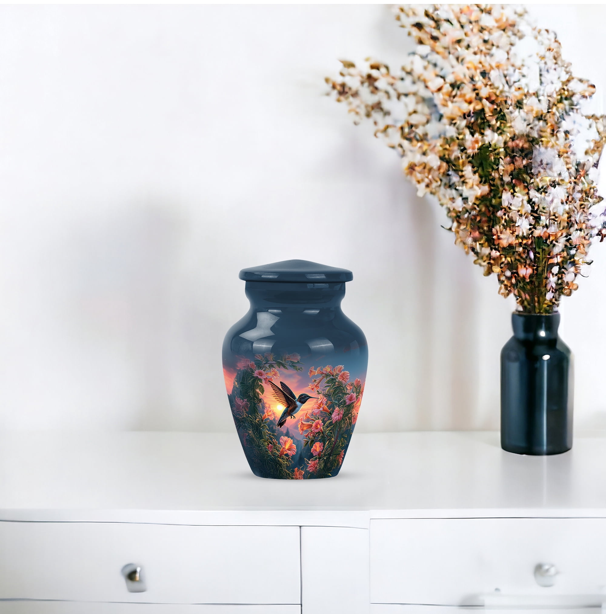 MUKTIVE Humming Bird Cremation Urn for Human Ashes Adult - keepsake Memorial Urns for Mom & Dad - Human Remains Blue Urn for Men & Women - Decorative Flower Urns for Burial - 3 Inch
