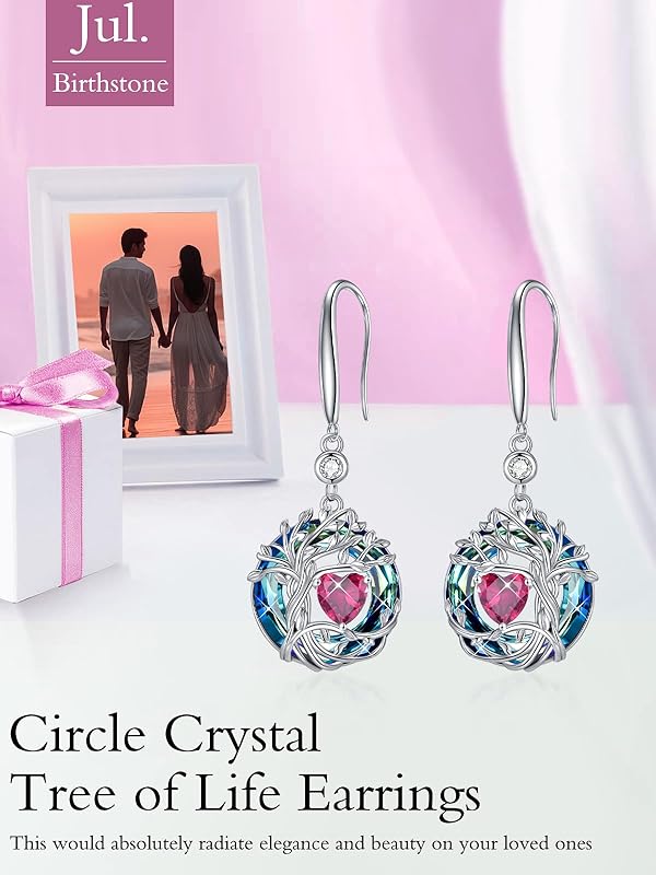 JKR Tree of Life Birthstone Earrings for Women 925 Sterling Silver Family Tree Dangle Earrings Austrian Crystal Jewelry Birthday Gifts for Her Girlfriend Wife Mom