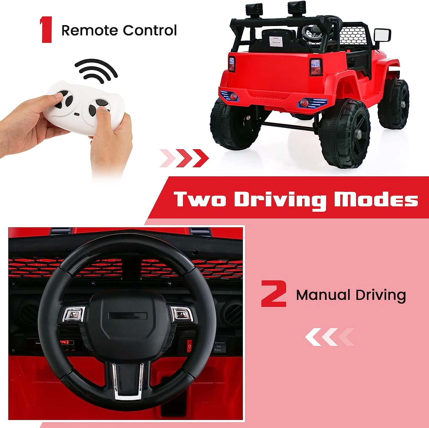 OLAKIDS Kids Ride On Truck, 12V Electric Vehicle Car with Remote Control, Toddlers Battery Powered Toy with 2 Speeds, Spring Suspension, Double Open Doors, LED Lights, Music, USB, Mp3 (Red)