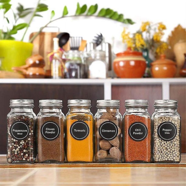 6 Pcs Spice Jars With Lid, 4oz Square Glass Jars With Labels,spice