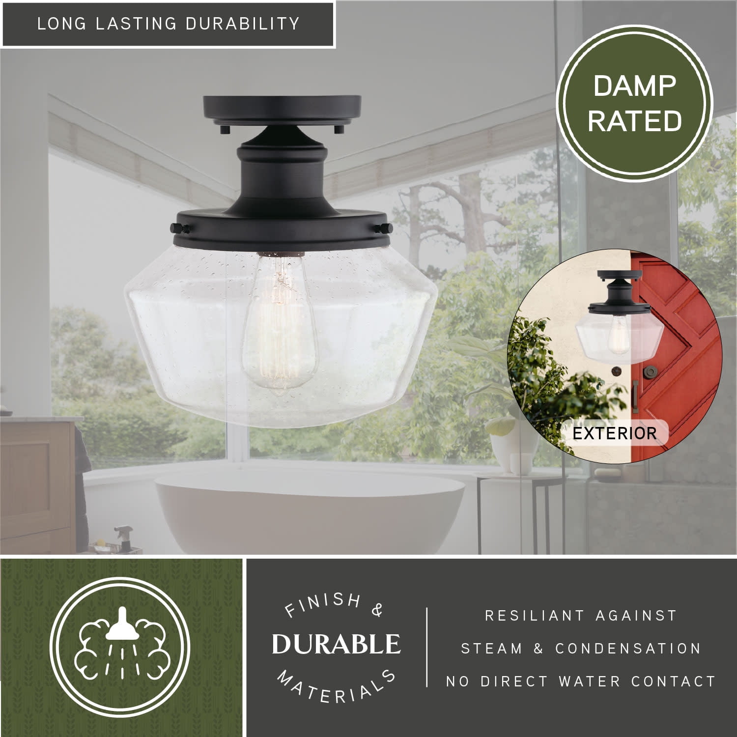 Collins Black Farmhouse Outdoor Flush Mount Ceiling Light Clear Schoolhouse Glass