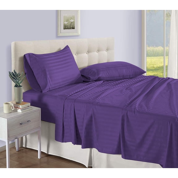 D.N.G. BEDDINGS Luxury 4 Piece Sheet Set with 8 Inch Deep Pocket 800 Thread Count 100% Egyptian Cotton Stripe Purple Color Cal King Size