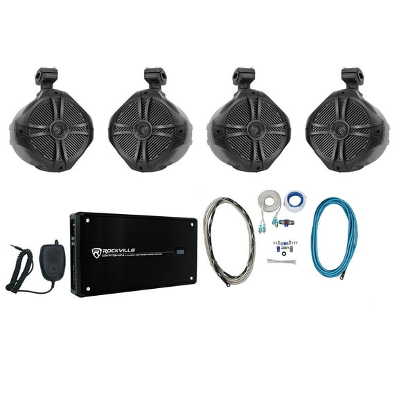 4 Rockville RWB90B 8" Wakeboard Marine Speakers 4 Channel Amplifier Amp Kit