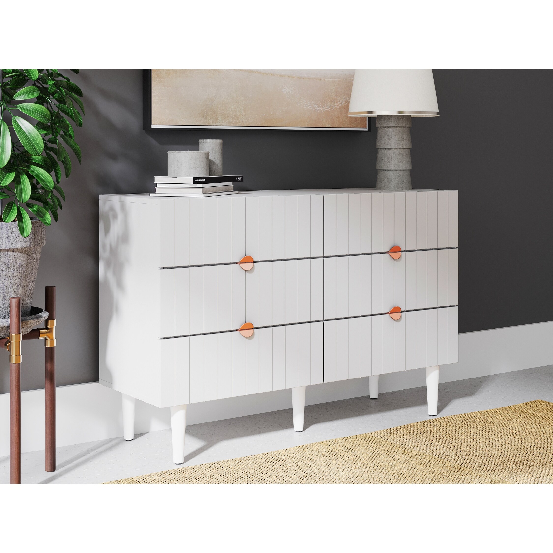 DG Casa Jonny White Solid Wood Wood 6 Drawer Dresser with Rose Gold