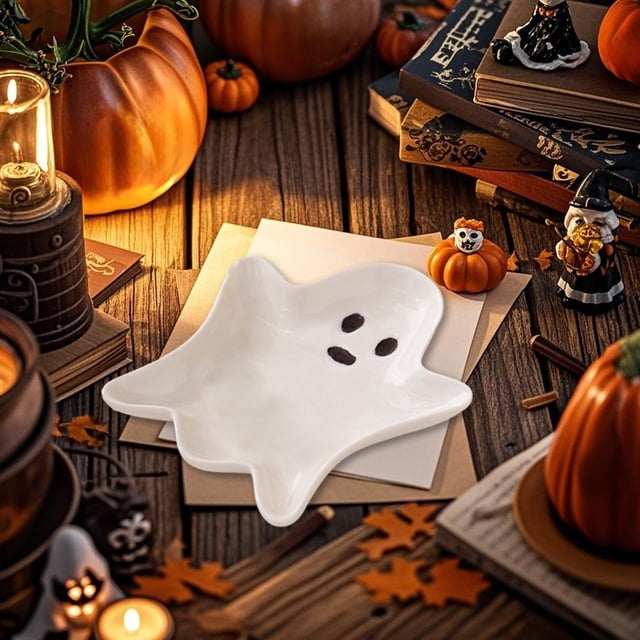 Uuiauoio 2 pc Ghost Tray Jewelry Storage Tray,Ceramic Ghost Plate Reusable Halloween Plate for Everything from Desserts, Salads, Snacks, Candy, Appetizers and More