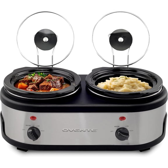 OVENTE Double Slow Cooker, Buffet Server and Warmer with Two 1.5Qt Removable Ceramic Pot, Adjustable Temperature Control and Tempered Glass Lid for Parties, Gatherings and Holidays, Silver SLO215BR