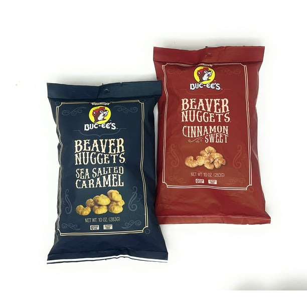 Bucee's Cinnamon Sweet Snack Puffs and Sea Salted Caramel Beaver Nuggets, one 10oz bag of each