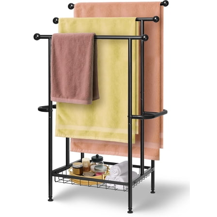 Haturi Freestanding 3-Tier Towel Rack with Storage Basket, 39 in Metal Towel Holder for Bathroom, Poolside, Outdoor, Black