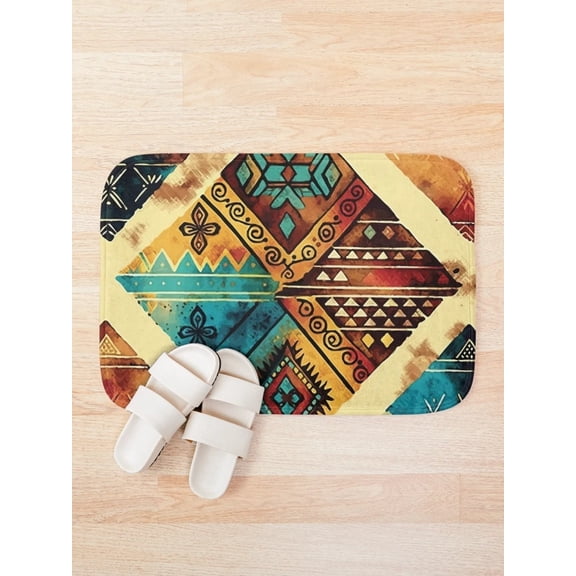 Boho Geometric Bath Mat, Earth Tone Aztec-Inspired Watercolor Bathroom Rug, 15.7 x 23.6 in or 19.7 x 31.5 in