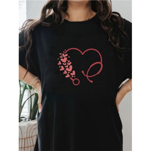 Regalo de San Valentín para enfermeras: camiseta informal para mujer con diseño de corazón y estetoscopio. Transpirable, cómoda, manga corta y cuello redondo. Ideal para actividades al aire libre y vi