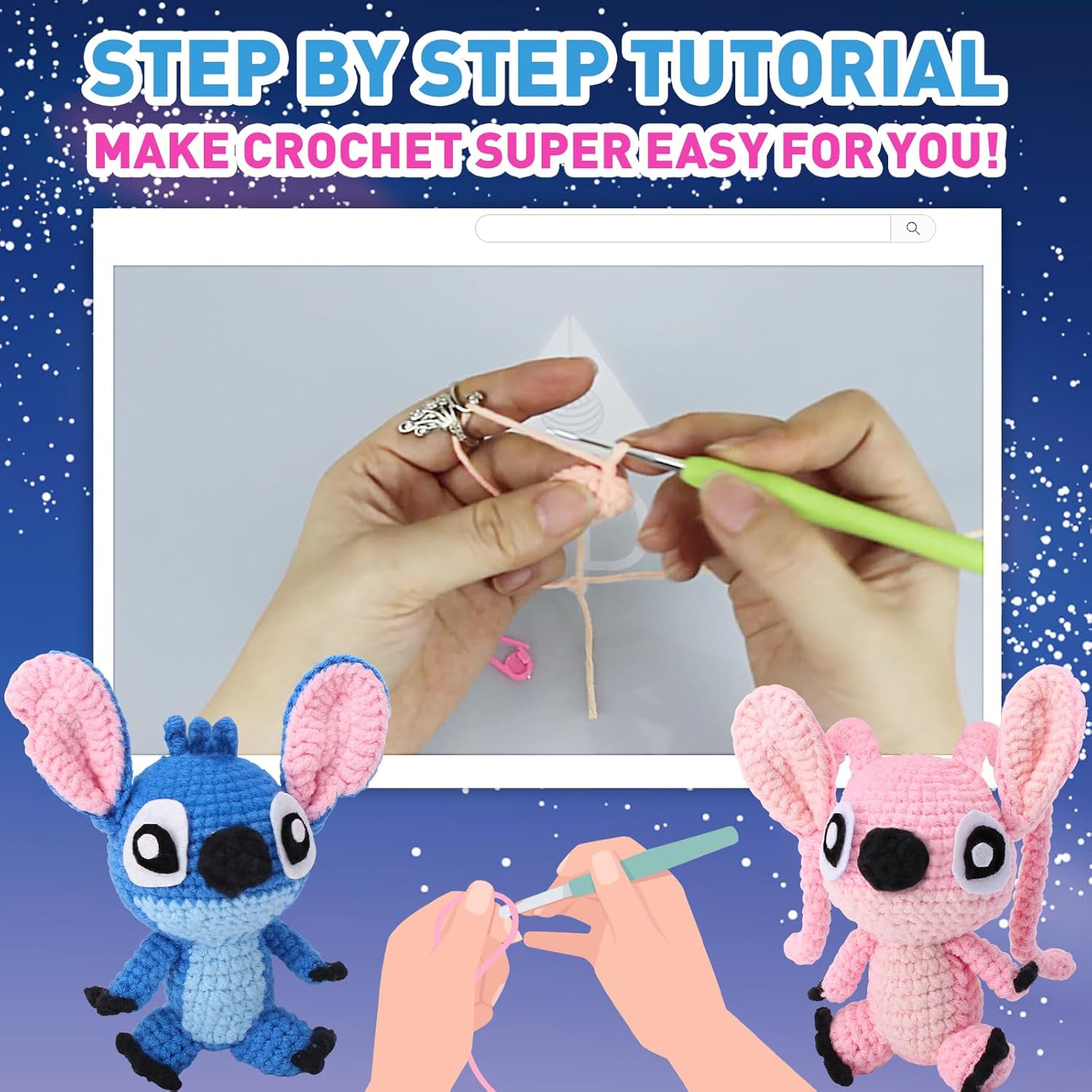 Crochet Kit for Adults,Knitting Kits Hooks Yarn Set with Step-by-Step Video Tutorials (Blue Pink)