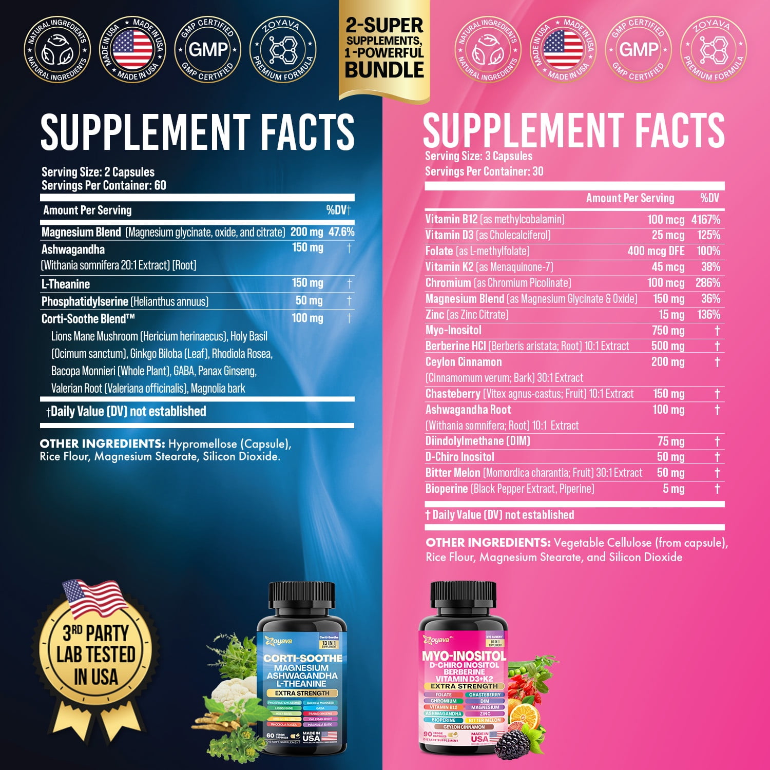Zoyava Soothe and Smooth Bundle, Cortisol and Myo-Inositol Supplement 13-in-1 Cortisol Balance with Ashwagandha, Magnesium, Lions Mane, Berberine, Folate, L-Theanine, Vitamin D3 & K2 (150 Capsules)
