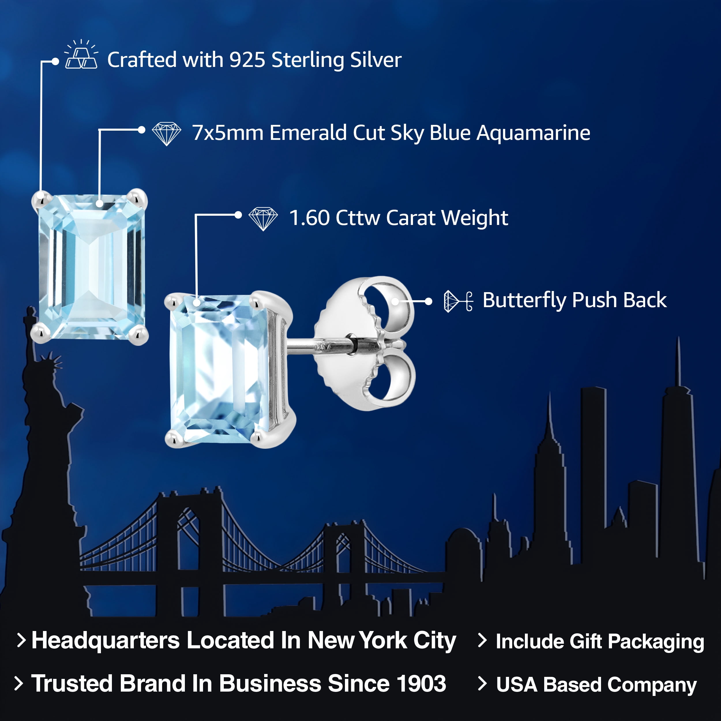 Gem Stone King 925 Sterling Silver Sky Blue Aquamarine Stud Earrings for Women Men (1.60 Cttw, Gemstone Birthstone, Emerald Cut 7X5MM)