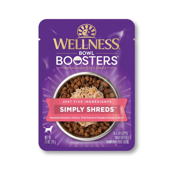 Wellness Bowl Boosters Simply Shreds Wet Dog Food Topper for Small, Medium, & Large Breeds, Grain Free, Natural, Wild Salmon & Pumpkin, 2.8 Ounce Pouch (Pack of 12)