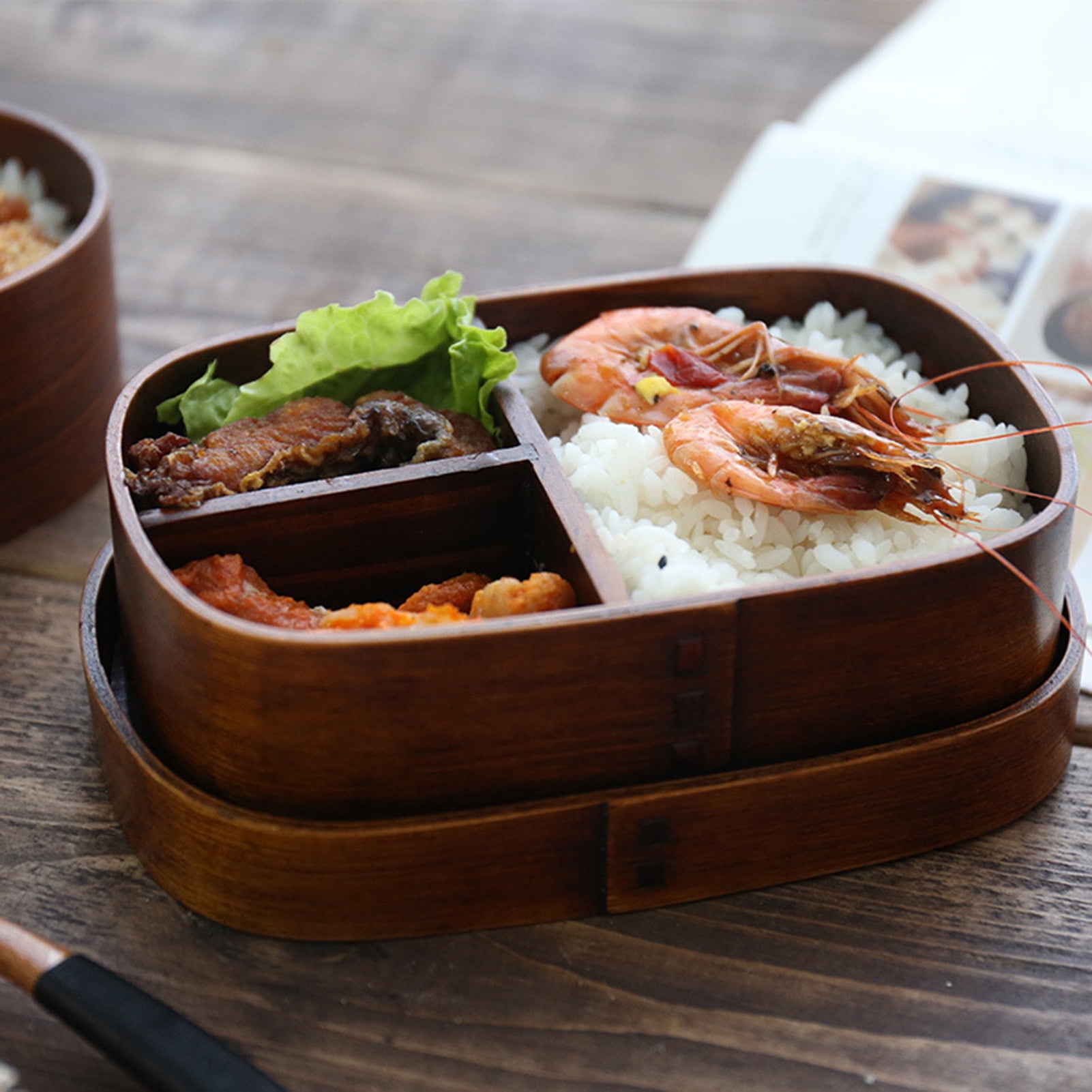 Wood Grain Double-layer Bento Box With Tableware, Insulated Food