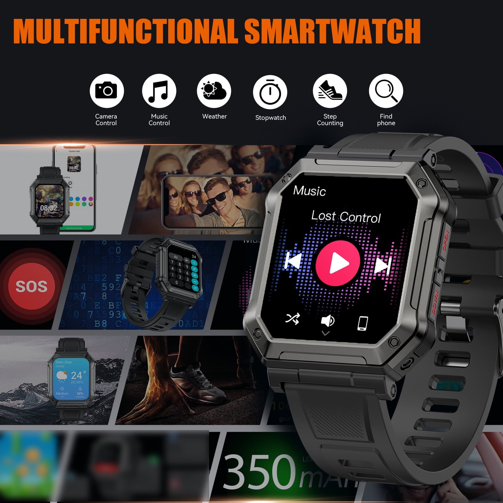 PAKRYS 1.91" Smart Watch with Text and Call(Answer/Dial), Rugged Outdoor Bluetooth Smartwatches for Men, Compatible with Android iOS