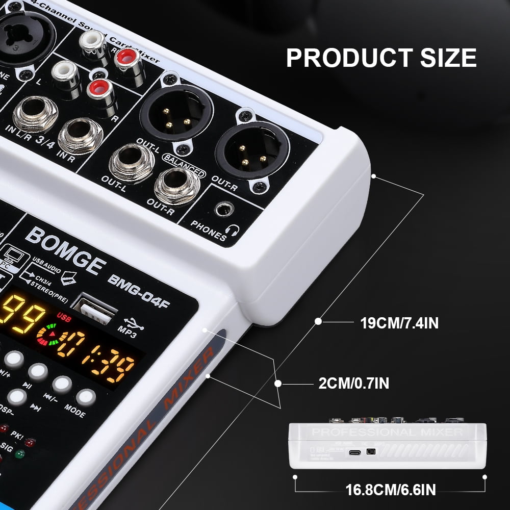 BOMGE 4 Channel mini DJ Audio Sound Mixer Interface with MP3 USB, Bluetooth, Stereo Recording, 48V Phantom Power, 24 DSP for karaoke, performance, church singing  podcas streaming- white