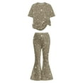 thumbnail image 4 of Huowey Girls Sequin Outfits Set Stylish Comfortable Short Sleeve Round Neck Casual Top Shirt Flared Pants Fashionable Suit Party Performance Clothing Sets Vacation Dailywear,Beige,9-10 Years, 4 of 4