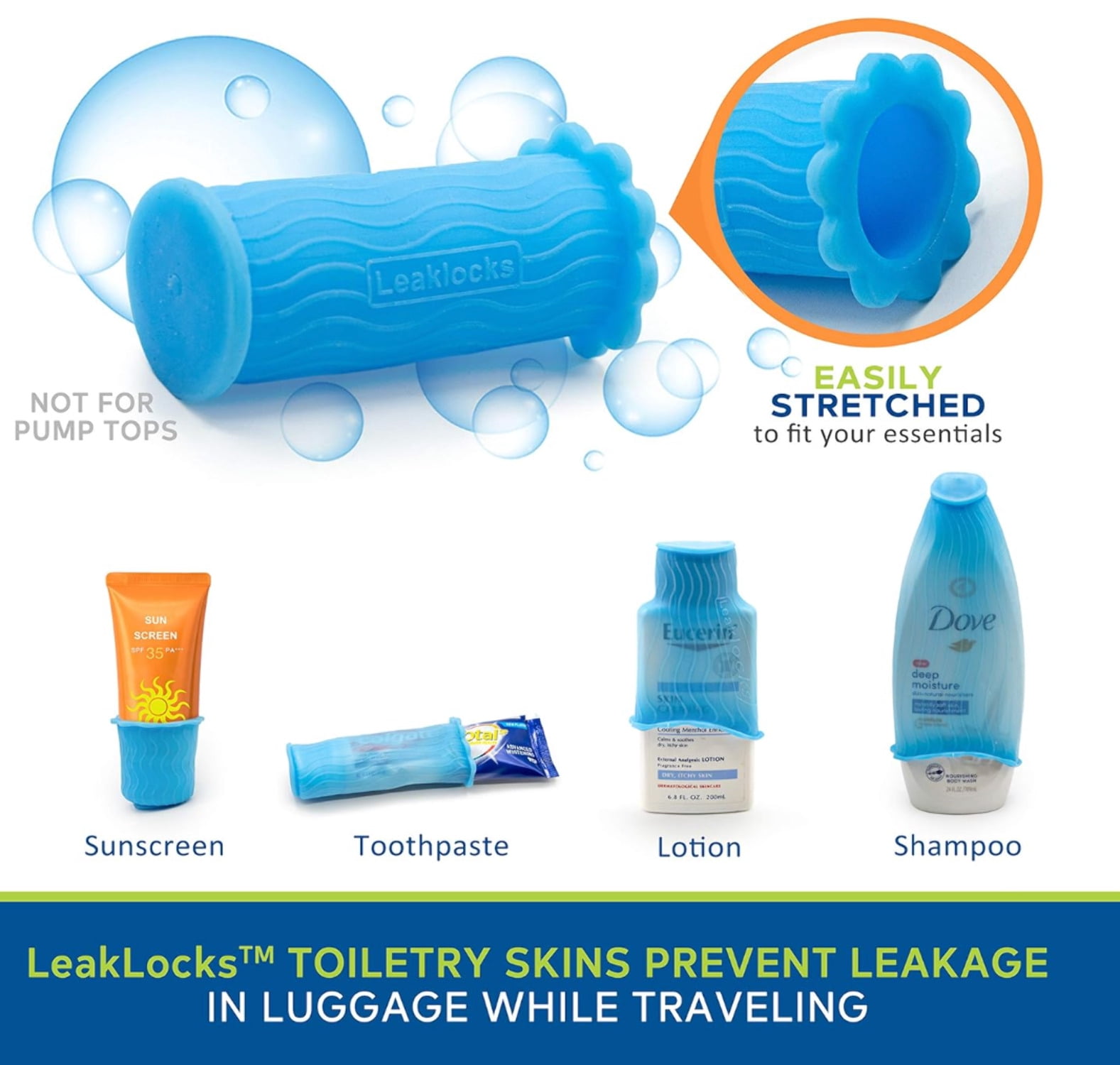 LeakLocks Toiletry Skins™ Sleeves that Leak Proof Travel Containers in Luggage. For Standard and Travel Size Toiletries. Reusable Accessory for Travel Bag, Suitcase and Carry-on 8 Pack