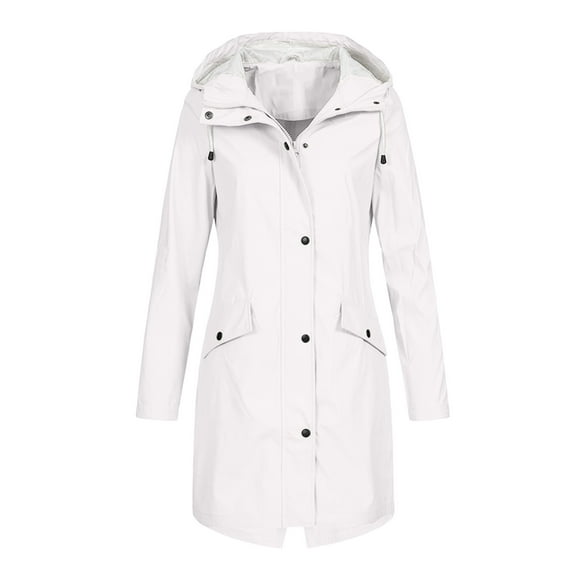 Bellella Ladies Drawstring Raincoats Hooded Buttons Rain Jacket Winter Outwear White M