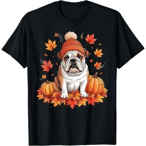 Funny English Bulldog Fall Scarf Autumn Leaves Dog Lovers T-Shirt,Top Tees,Black