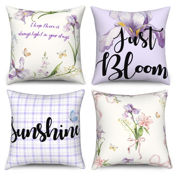 Spring Purple Floral Throw Pillow Covers 18x18 Set of 4,Watercolor Flower Pillow Cases for Bedroom Sofa Couch