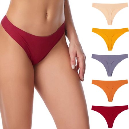 

QWANG 5PC Seamless Ice Silk Seamless Ladies Breathable Briefs Ultra-thin Thong Underwear Women